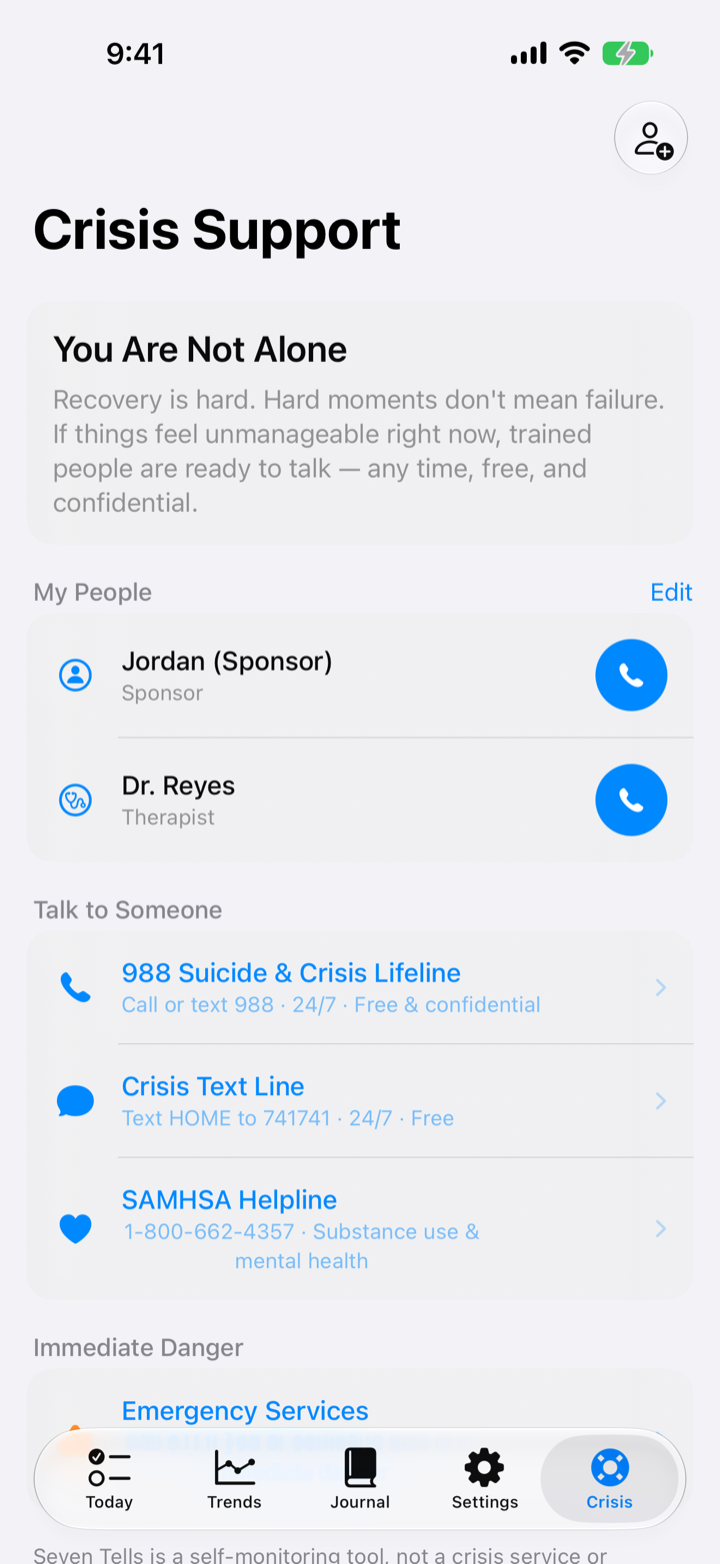 The Crisis screen with quick access to support contacts.