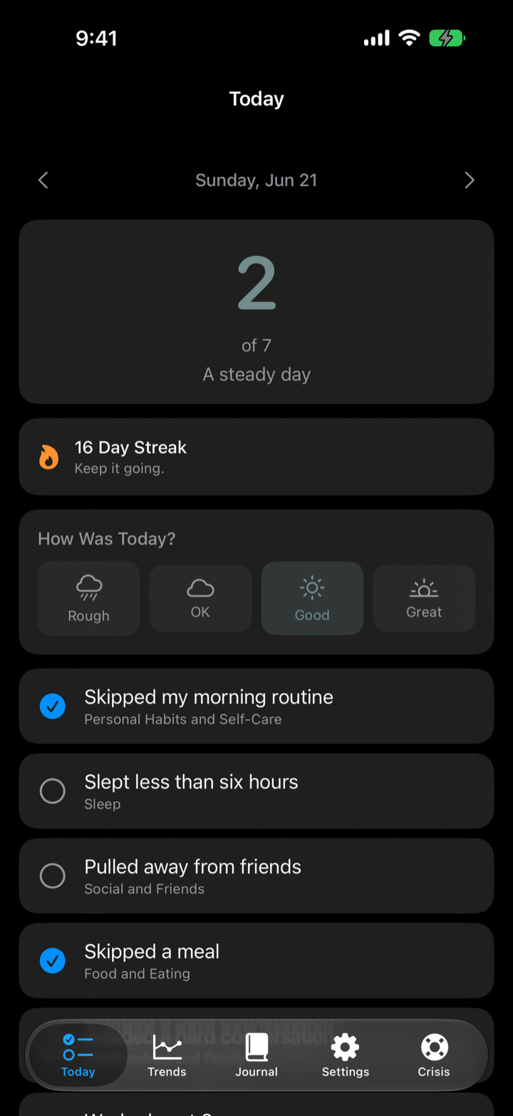 The Today screen in dark mode.